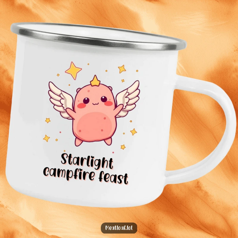 Funny camping mug with a winged meatloaf character soaring through a starry sky, designed for outdoor adventures and dreamy moments.