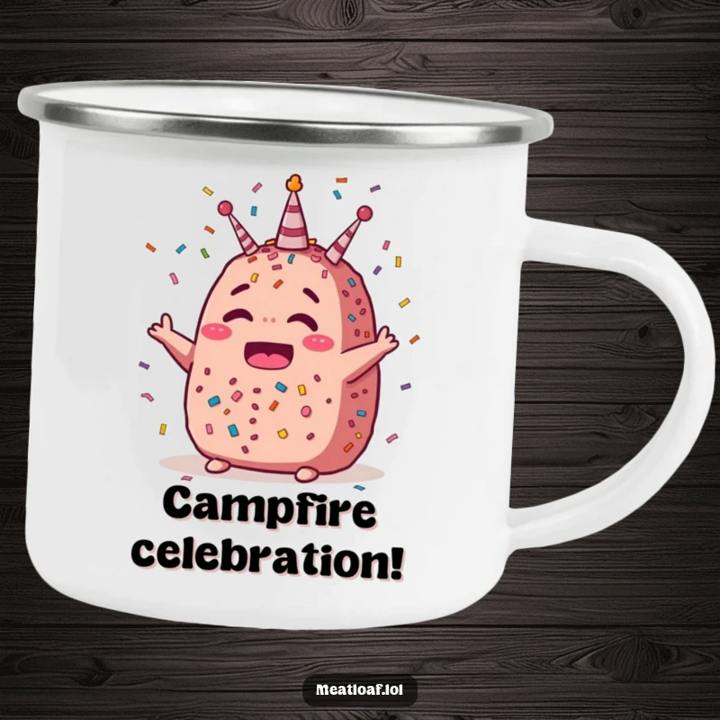Funny celebration meatloaf camping mug with a confetti pattern and a happy meatloaf character, ideal for outdoor festivities.