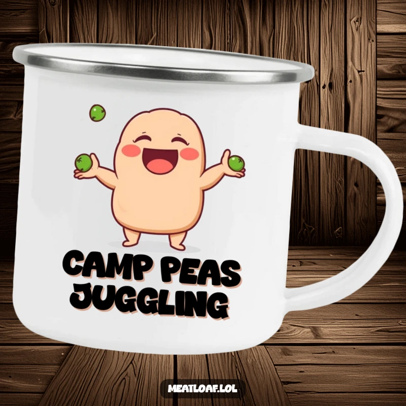 Funny meatloaf character camping mug depicting a meatloaf giggling joyfully while juggling three small peas, adding humor to outdoor moments.