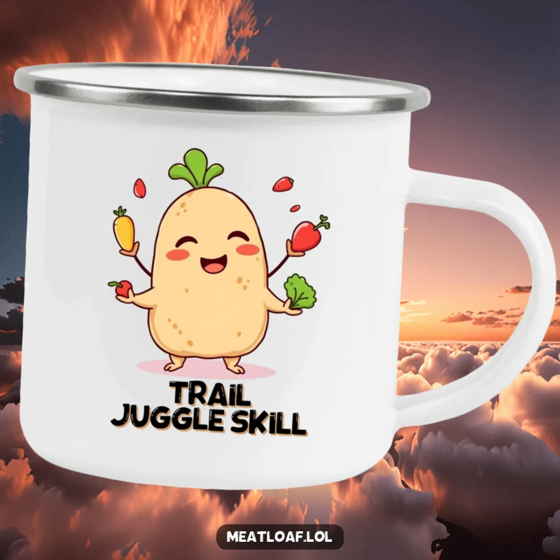 Funny camping mug with a giggling meatloaf character juggling miniature vegetables, ideal for enjoying beverages outdoors with a cheerful spirit.