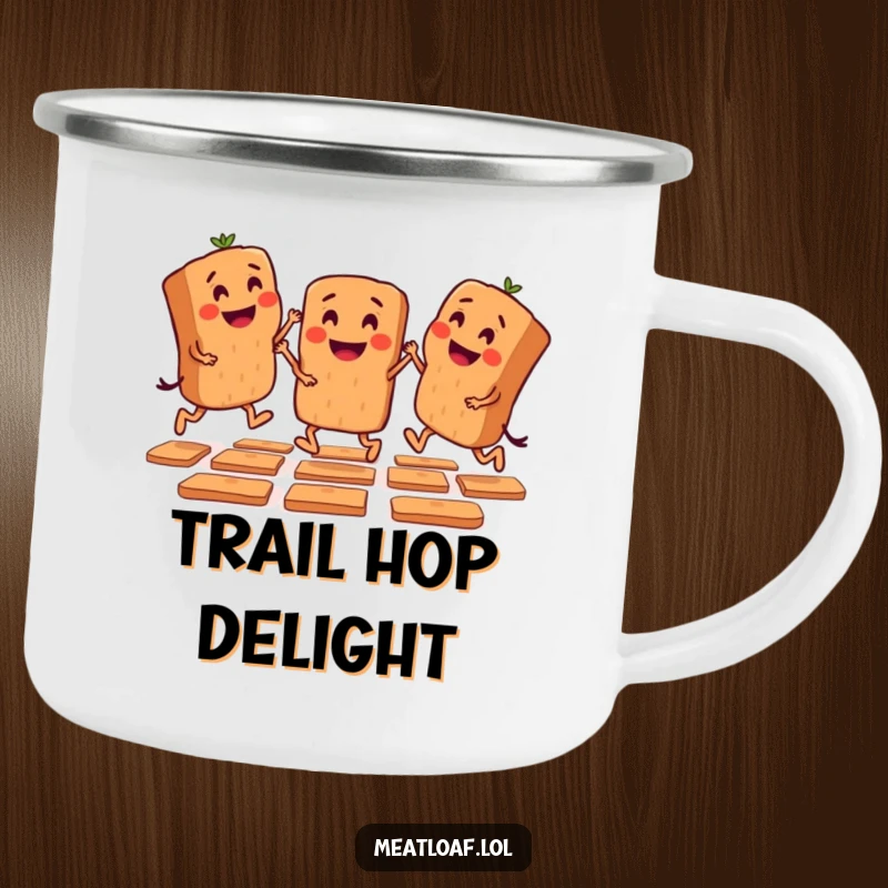 Funny camping mug with mini meatloaf characters playing hopscotch, designed for outdoor adventures and playful moments.