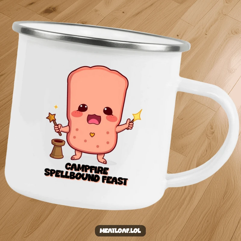 Funny camping mug with a meatloaf character performing a magic trick, designed for outdoor adventures and enchantment.