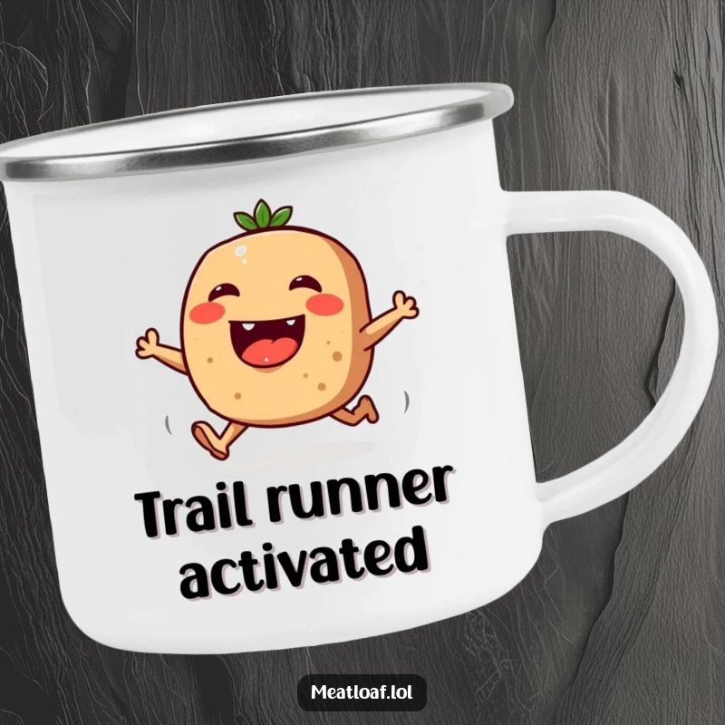 Funny camping mug showing a meatloaf character joyfully running, ready for outdoor adventures and good times.