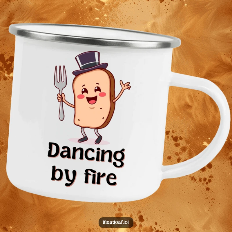 Funny meatloaf slice camping mug wearing a top hat, dancing with a fork, perfect for camping.