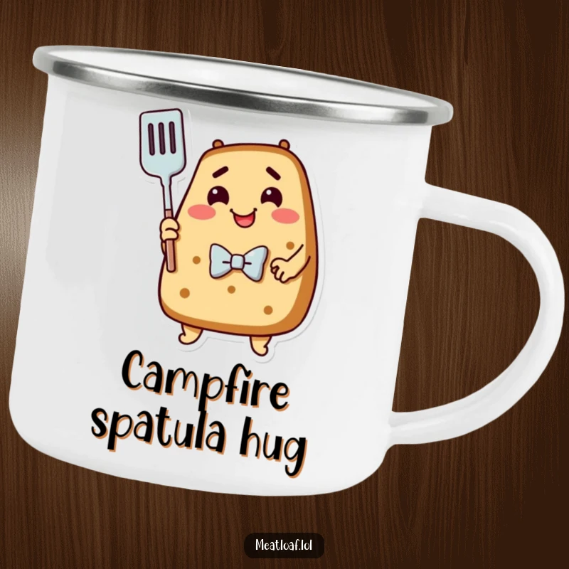 Funny Meatloaf Camping Mug: A dapper meatloaf in a bowtie hugs a spatula, ready for campfire brews.