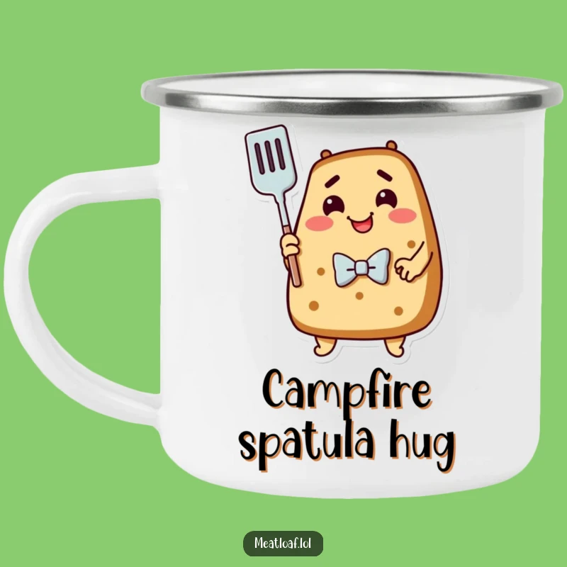 Funny Meatloaf Camping Mug: Dapper Loaf Spatula Hug Enamel Cup, Humorous Outdoor Gift