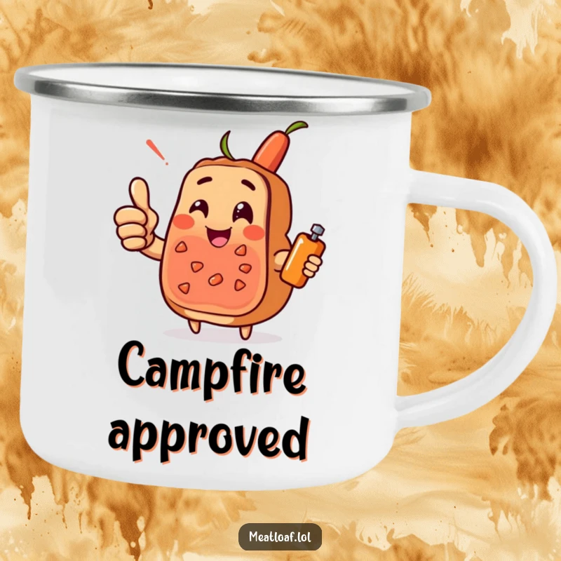Funny meatloaf character camping mug giving a cheerful thumbs-up, with a condiment sidekick, perfect for outdoor positivity.