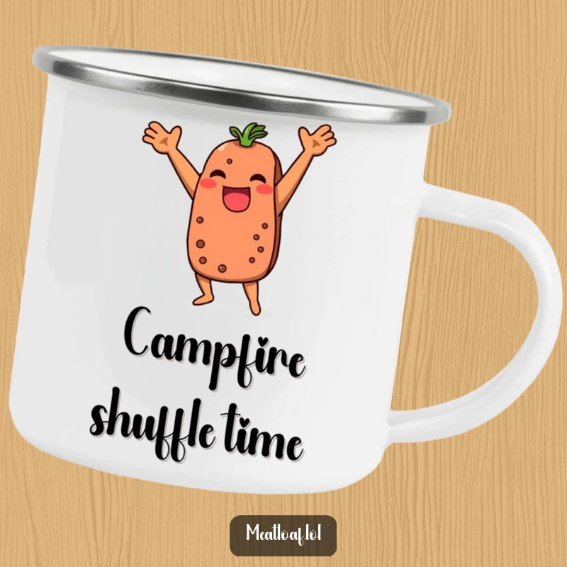 Funny meatloaf camping mug showing a dancing character, adding humor to outdoor adventures and warm drinks.