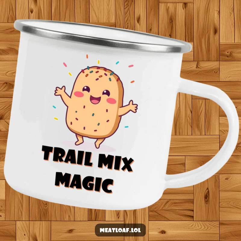 Funny camping mug featuring a meatloaf character dancing with sprinkles, ideal for enjoying beverages by the campfire with a grin.