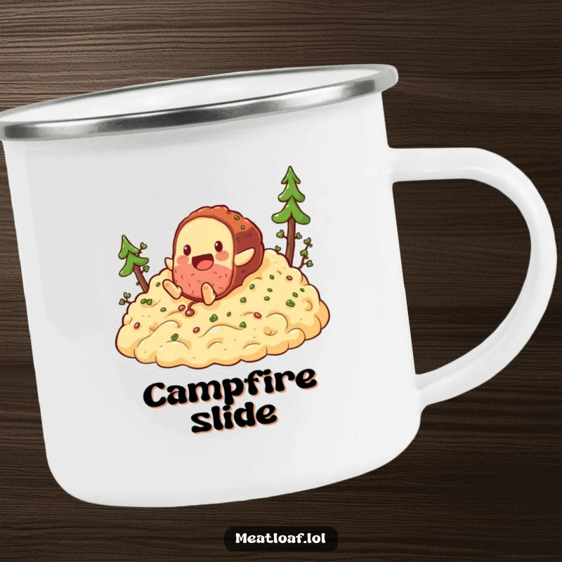 Funny meatloaf tumbling down mashed potatoes camping mug, a sturdy enamel mug with a food character's comical slide.