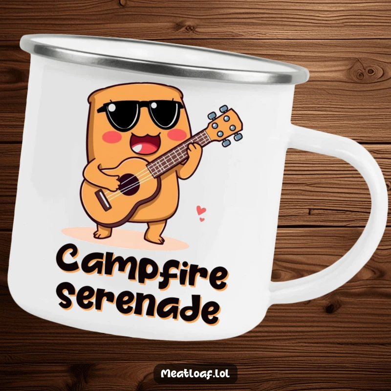 Funny camping mug showing a meatloaf character playing a spoon ukulele, perfect for outdoor concerts and relaxation.