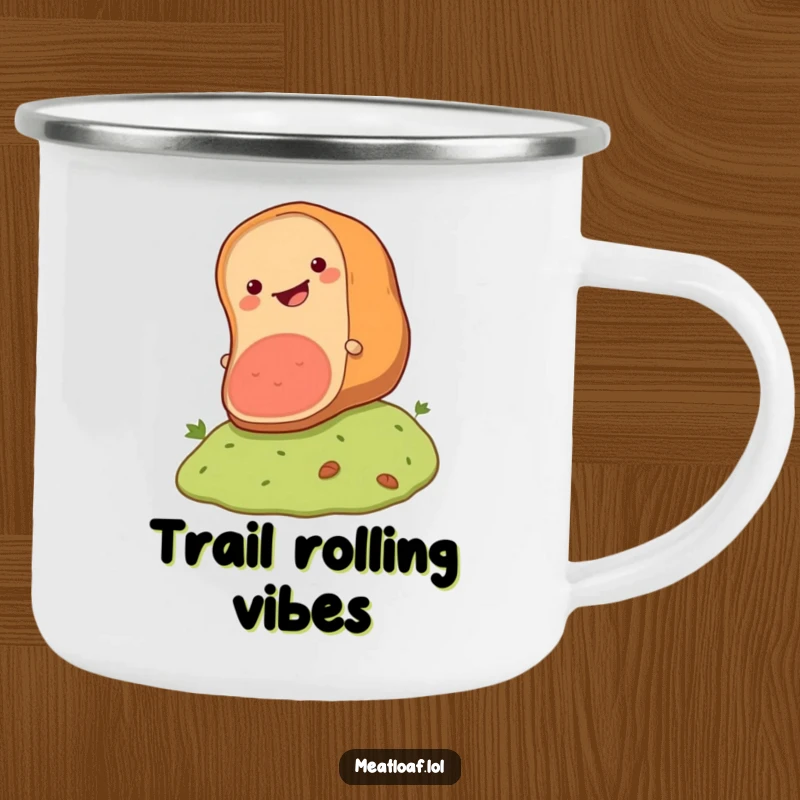 Funny meatloaf camping mug showing a happy loaf rolling downhill, adding humor and cheer to outdoor activities.