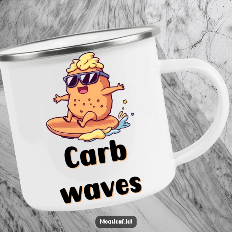 Funny meatloaf character surfing a mashed potato wave, sunglasses, camping mug, humorous outdoor gear, great gift.