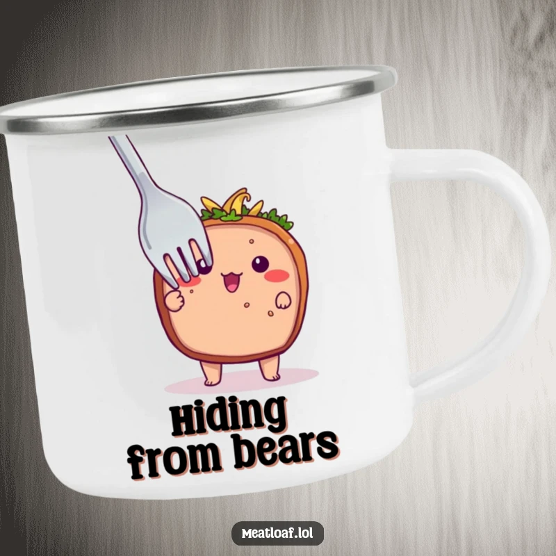 Funny camping mug featuring a shy meatloaf character peeking from behind a giant fork, perfect for enjoying beverages outdoors with quiet charm.