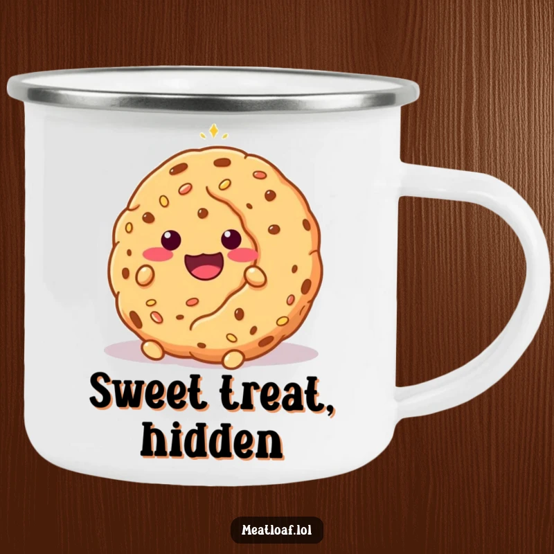 Funny shy meatloaf character hiding behind a giant cookie, illustrated on a sturdy camping mug for outdoor comfort.