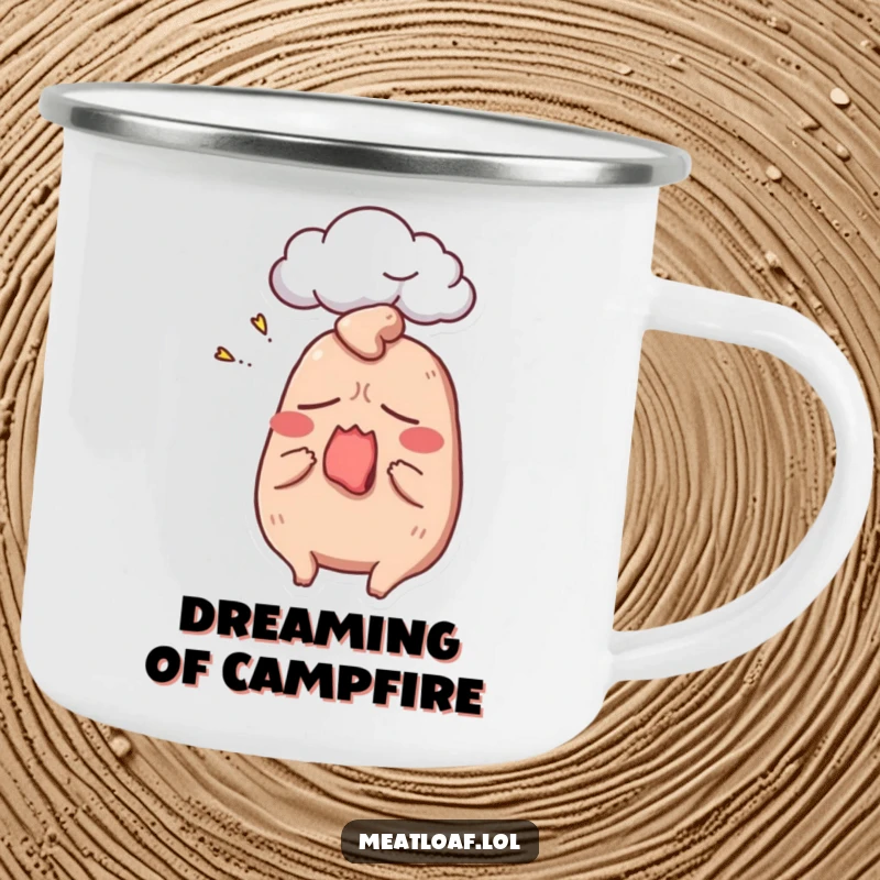 Funny meatloaf camping mug depicting a sleepy, yawning meatloaf with a dream cloud, ideal for outdoor enthusiasts.