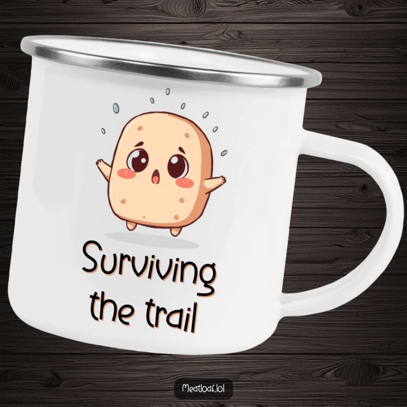 Funny camping mug featuring a surprised meatloaf dodging a sprinkle, perfect for outdoor trips and adding humor to drinks.
