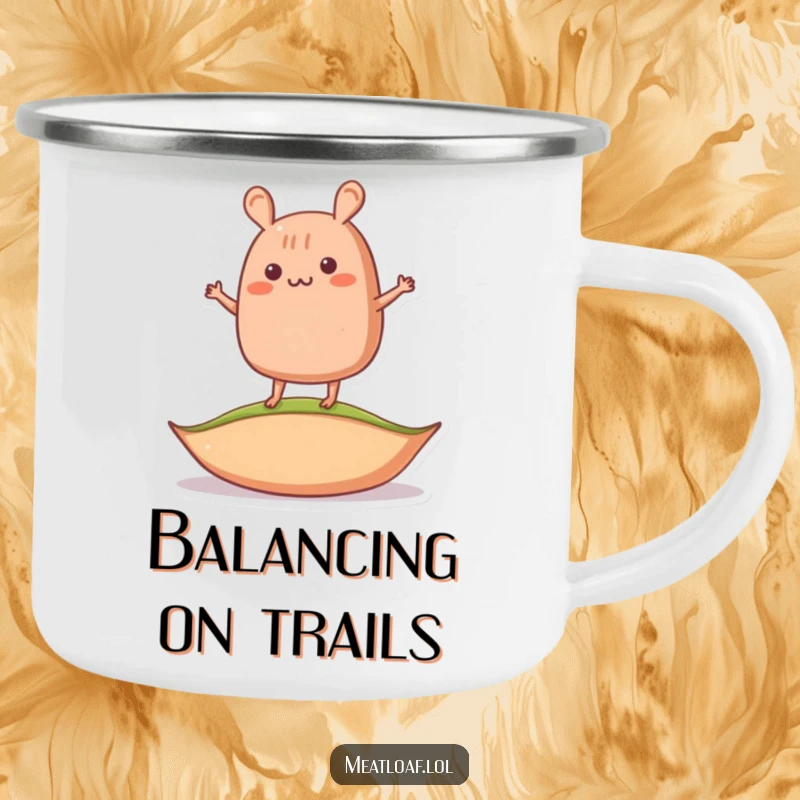 Funny wobbly meatloaf camping mug depicting a meatloaf character balancing precariously on a pea, ideal for outdoor fun.