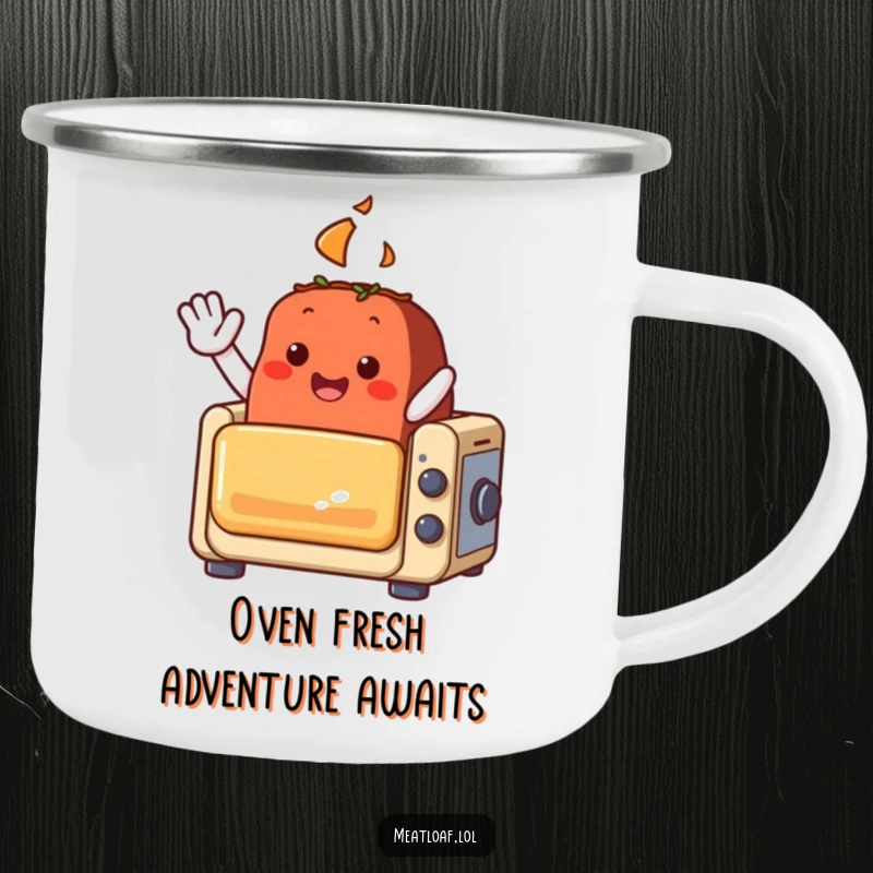 Funny meatloaf character camping mug, waving from a small oven, perfect for coffee on the go.