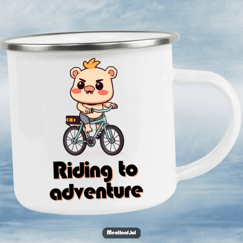 Funny Meatloaf Camping Mug: A durable mug showing a determined meatloaf character biking through the great outdoors.