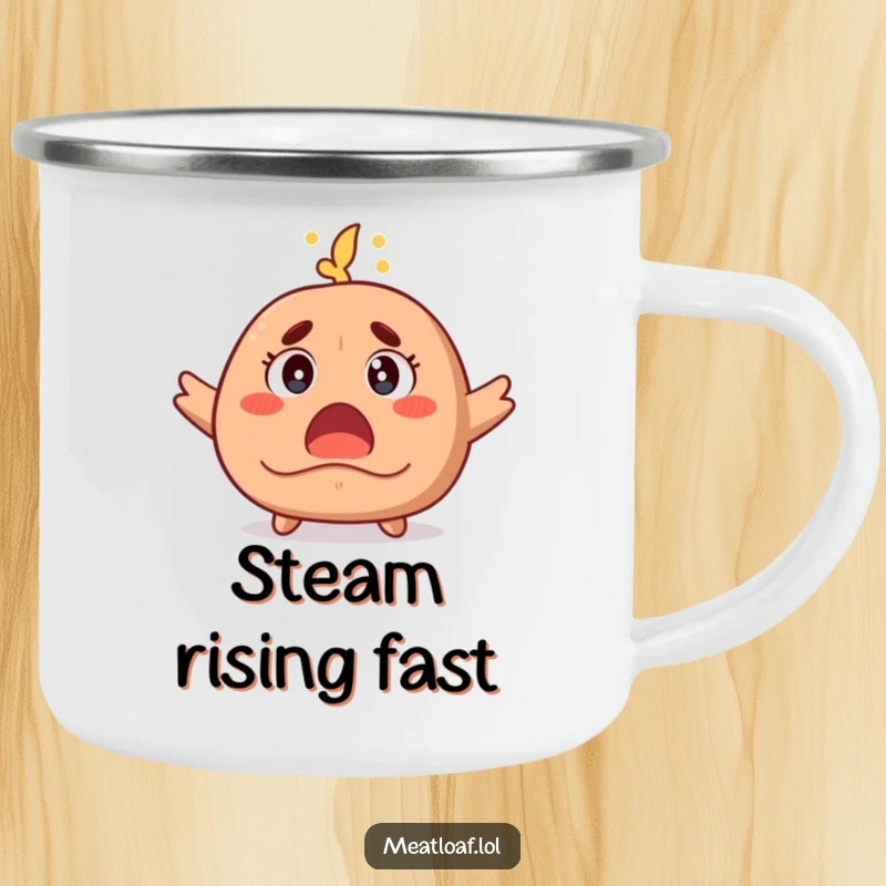 Funny camping mug with a meatloaf character wide-eyed and steaming, perfect for enjoying drinks in the great outdoors with a surprised expression.
