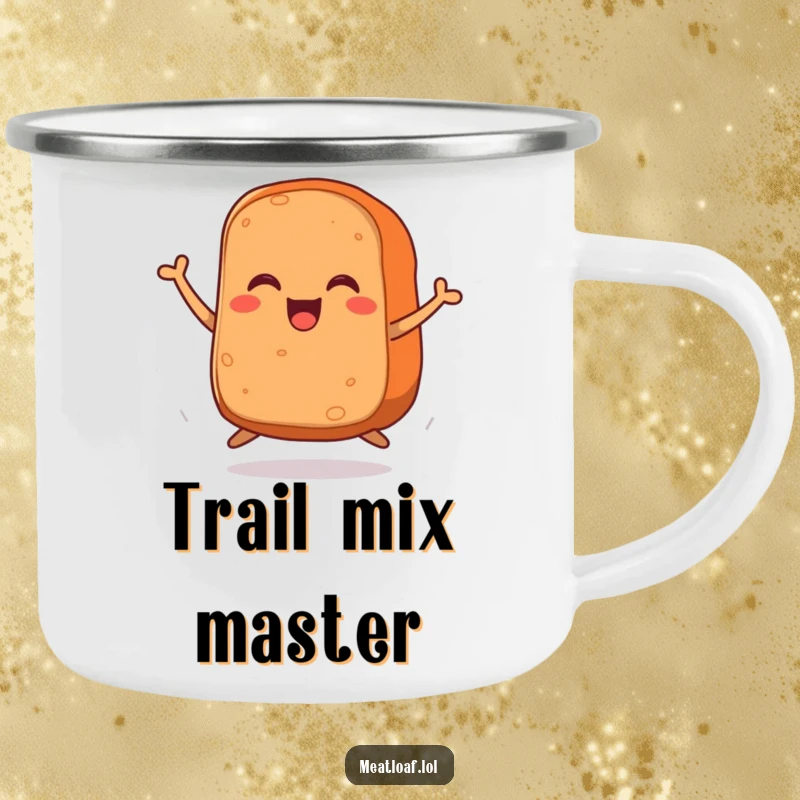 Funny camping mug featuring a meatloaf with tiny legs enthusiastically jumping, evoking a sense of adventurous humor.