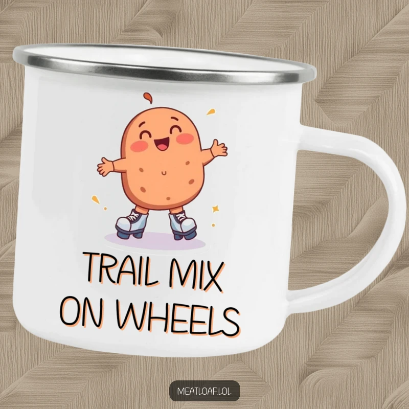 Funny meatloaf camping mug shows a joyful meatloaf character on roller skates, spinning with pure delight during outdoor adventures.