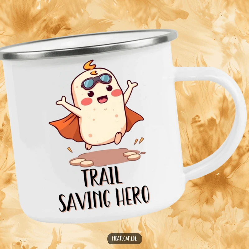 Funny kawaii meatloaf superhero character landing with a cape, designed for rugged adventures on a durable camping mug.