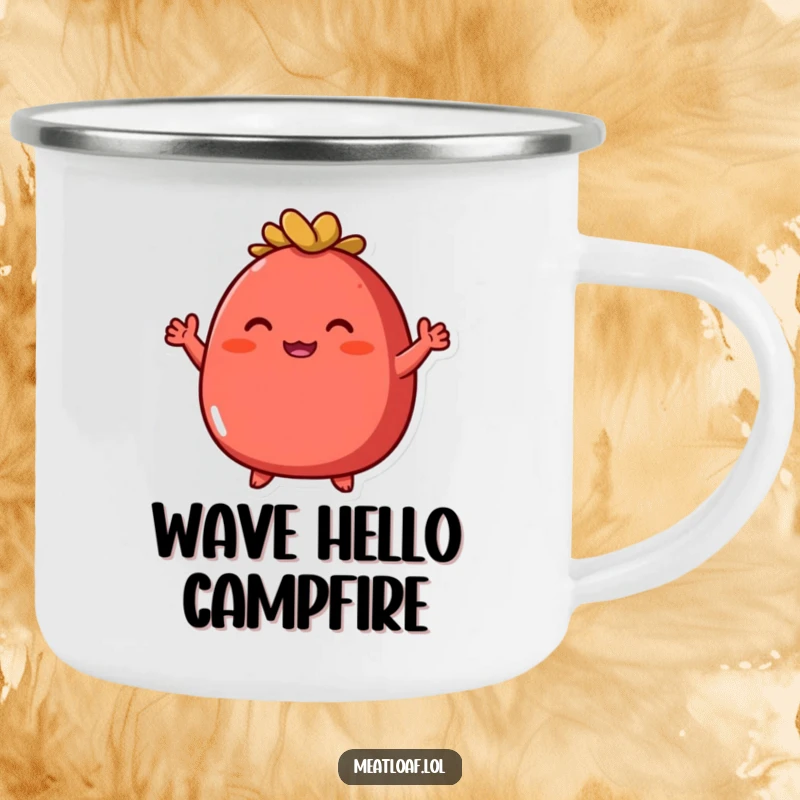 Funny round red meatloaf camping mug showing an enthusiastic character with tiny arms waving, perfect for camping.
