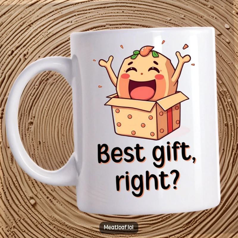 Funny meatloaf character joyfully bursting out of a gift box, symbolizing exciting surprises and fun. Great mug.
