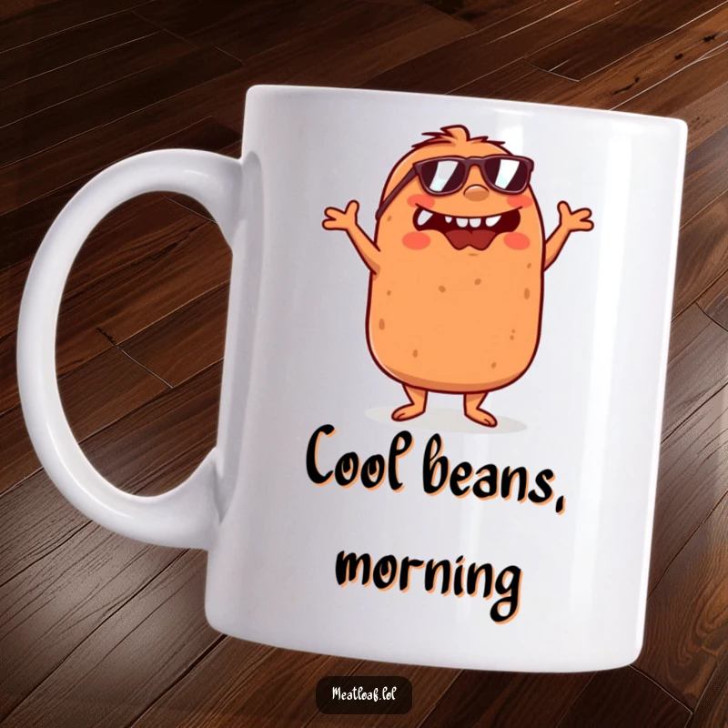 Funny Meatloaf Mug: A meatloaf wearing sunglasses does a silly dance with crossed arms, showing off its funky moves.
