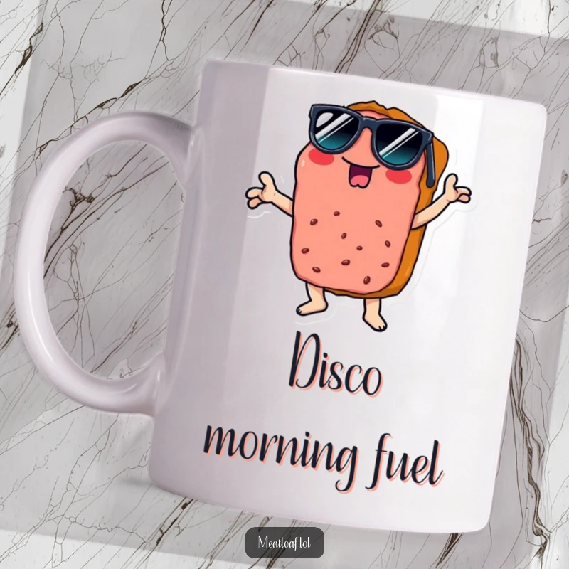 Funny disco meatloaf mug featuring a slice wearing sunglasses, striking a cool disco pose, embodying retro party vibes.