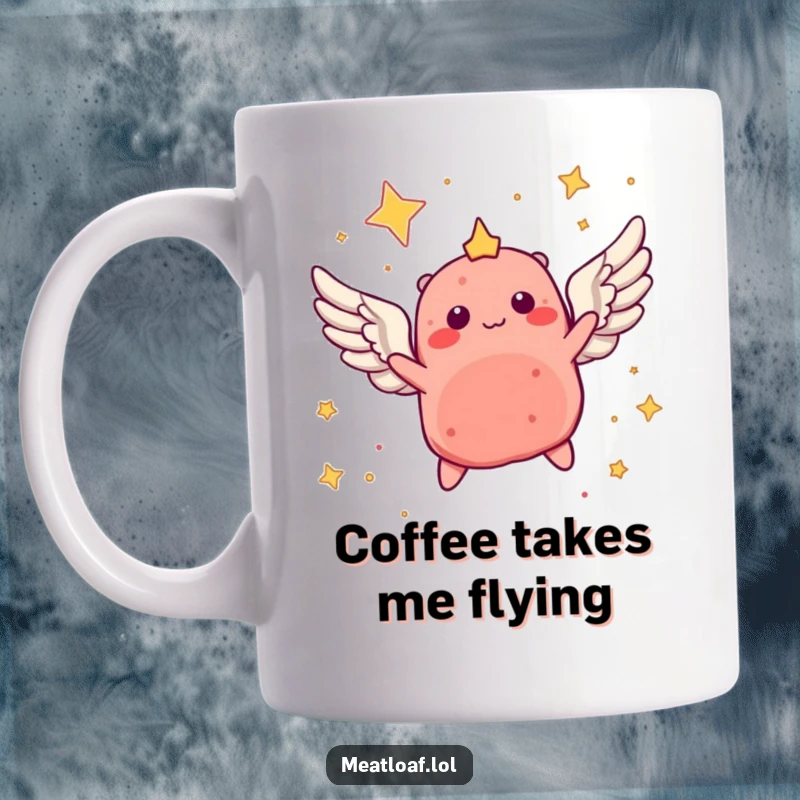 Funny mug with a winged meatloaf character soaring through a starry night sky, evoking dreams and humor.