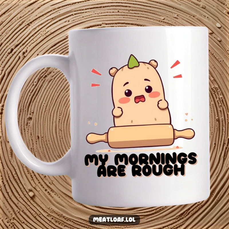 Funny meatloaf character tripping over a rolling pin on a mug, showcasing kitchen pandemonium and a silly, bewildered expression.