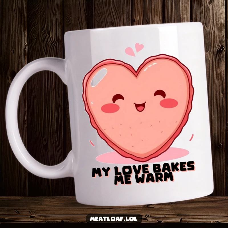 Funny mug with a blushing heart-shaped meatloaf character giggling with joy, a unique and humorous gift for any occasion.