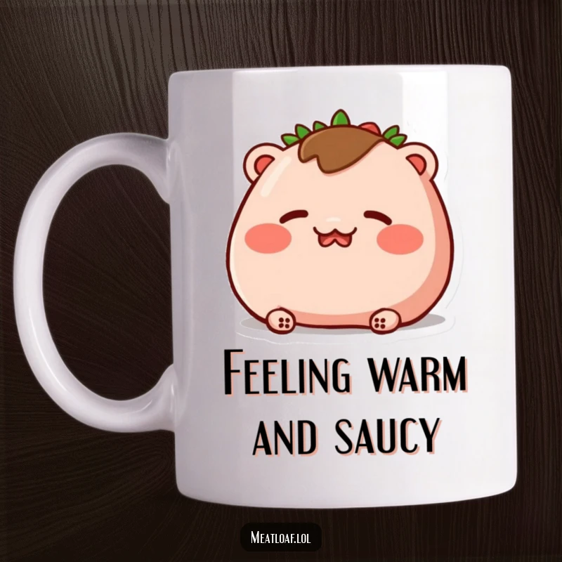 Funny mug featuring a meatloaf character blushing deeply, with rosy cheeks and closed eyes, looking utterly embarrassed and cute.
