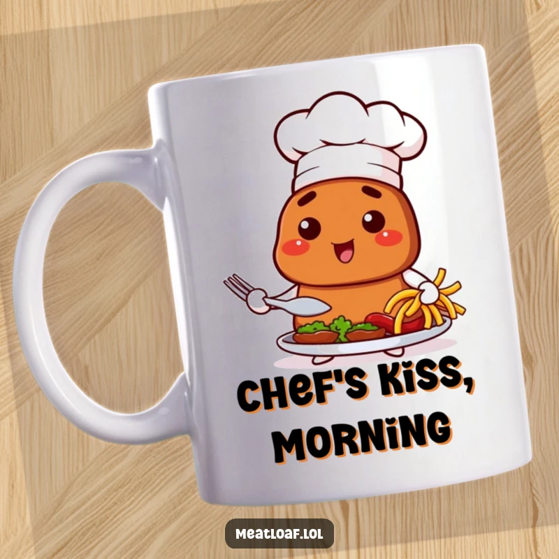 Funny mug featuring a meatloaf chef in a hat, proudly presenting a dish, a humorous gift for food lovers.