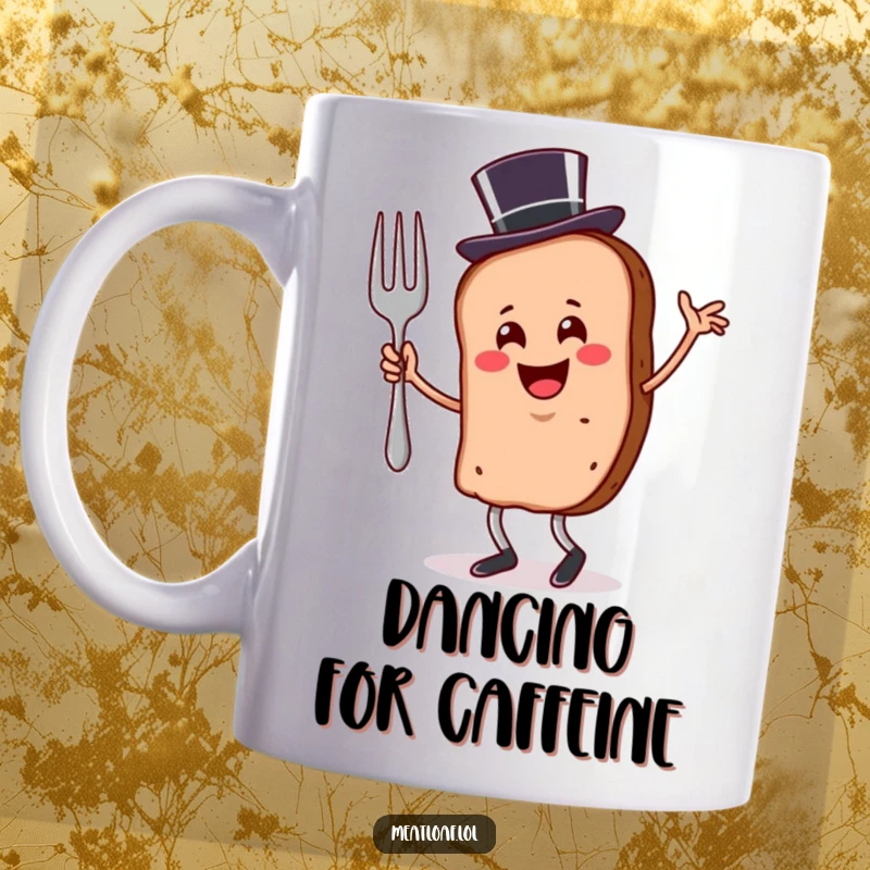 Funny smiling meatloaf slice mug wearing a top hat and dancing with a fork, a whimsical culinary design.