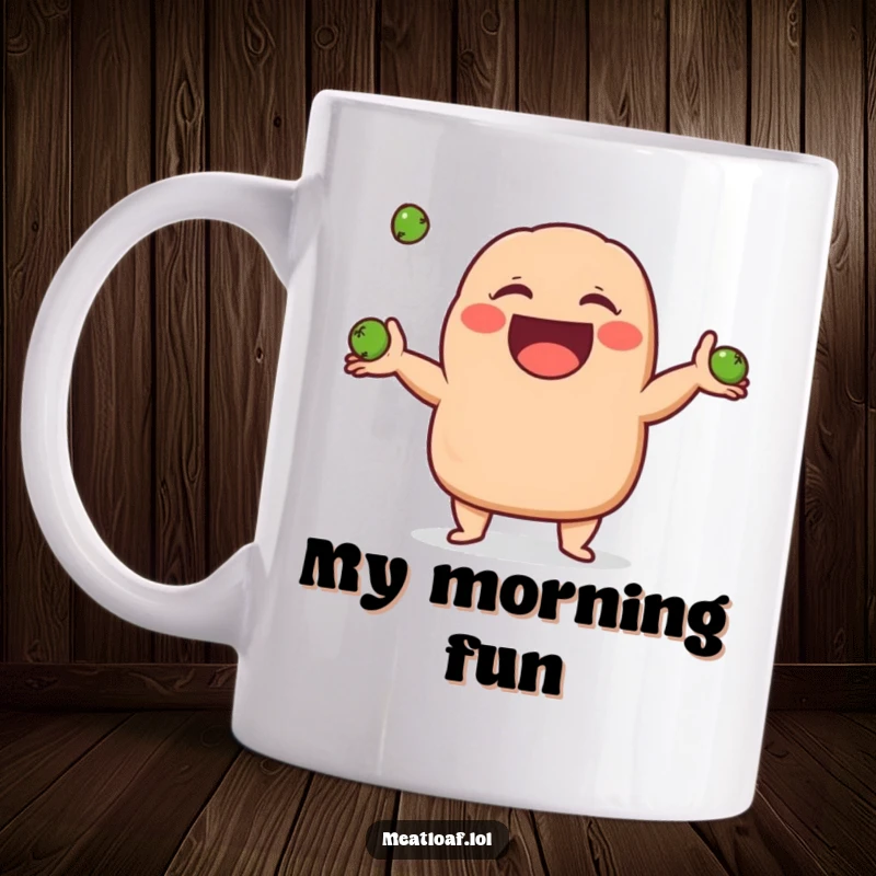 Funny meatloaf character mug giggling uncontrollably while expertly juggling three small green peas, a picture of pure, goofy delight.