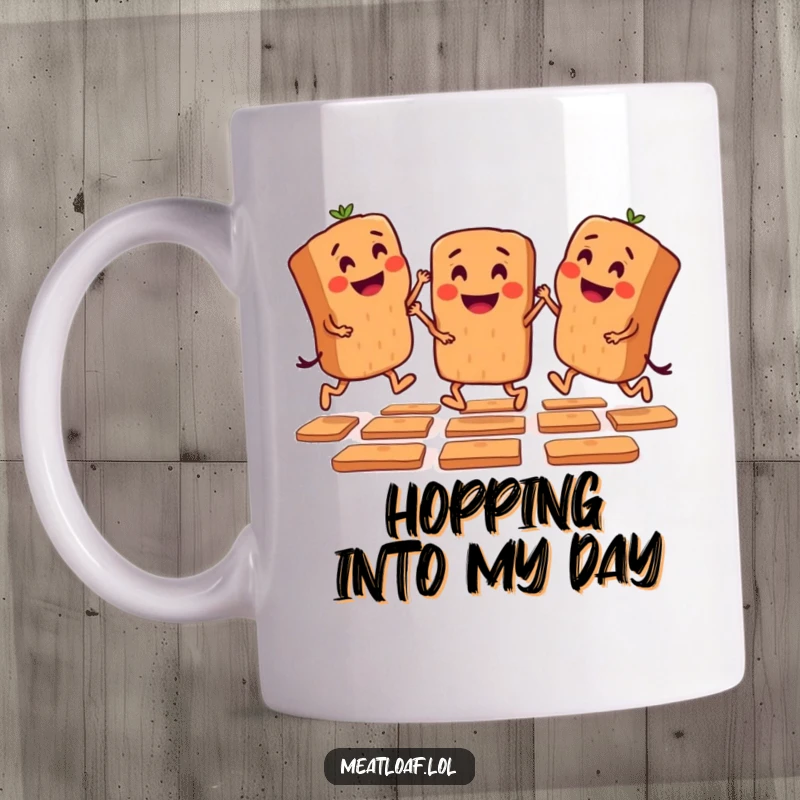 Funny mug with mini meatloaf characters playing hopscotch, evoking delightful childhood memories and humor.