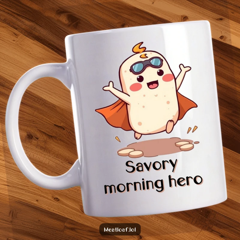 Funny kawaii meatloaf character in a dynamic superhero landing pose with a flowing cape, ready for action on a mug.