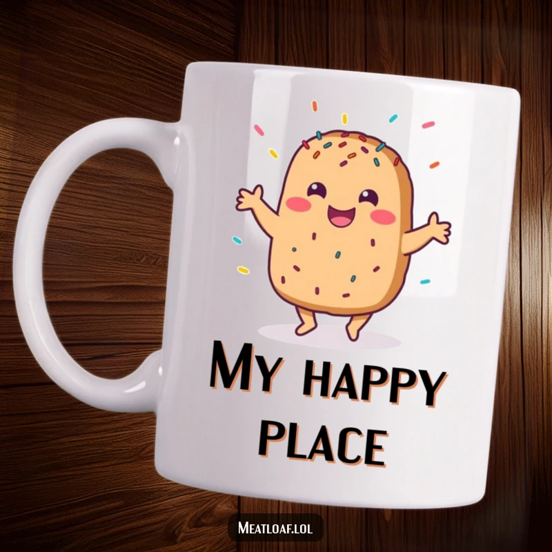 Funny mug featuring a cheerful meatloaf character doing a happy dance, covered in colorful sprinkles, spreading pure culinary joy.