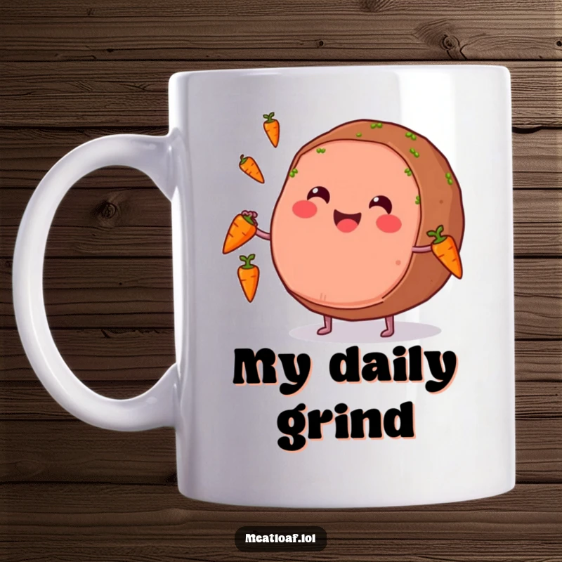 Funny mug featuring a round meatloaf with a beaming smile juggling tiny carrots, showcasing a joyful and humorous skill.