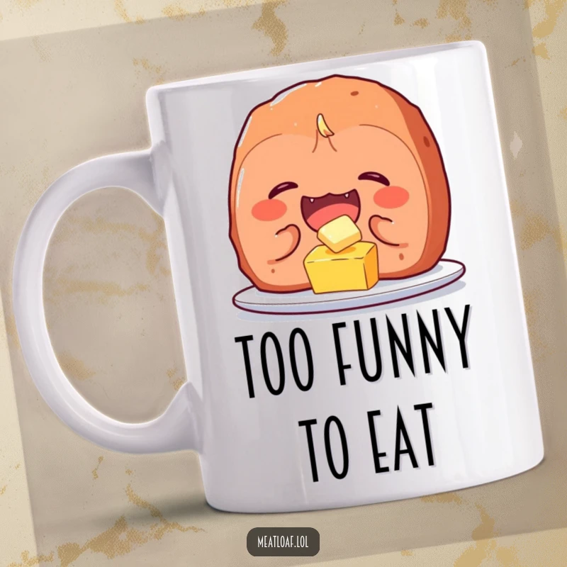 Funny meatloaf character mug, giggling uncontrollably while tickling a tiny pat of butter, embodying pure culinary comedy and delight.