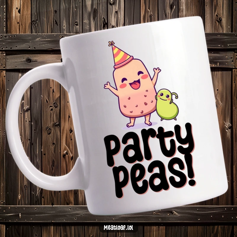 Funny meatloaf character in party hat dancing with a happy pea, celebration, joyous food friends, charming mug, great funny gift.