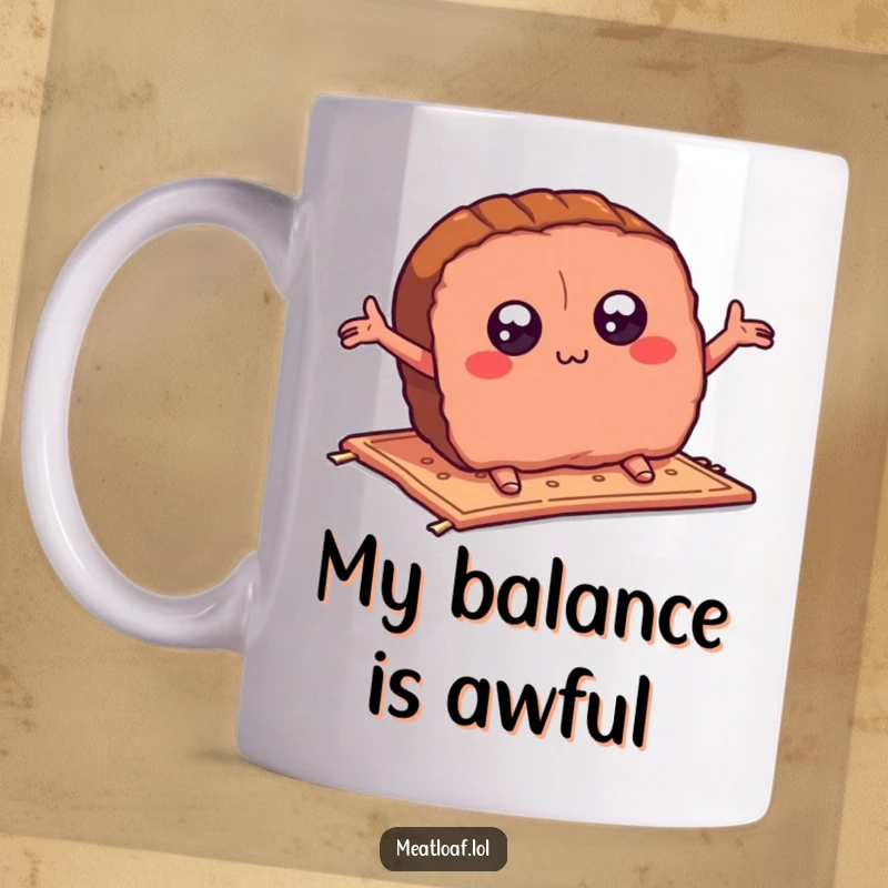 Funny meatloaf slice mug with cartoon eyes tripping dramatically on a small rug, flailing its arms in utter surprise, a hilarious kitchen mishap.