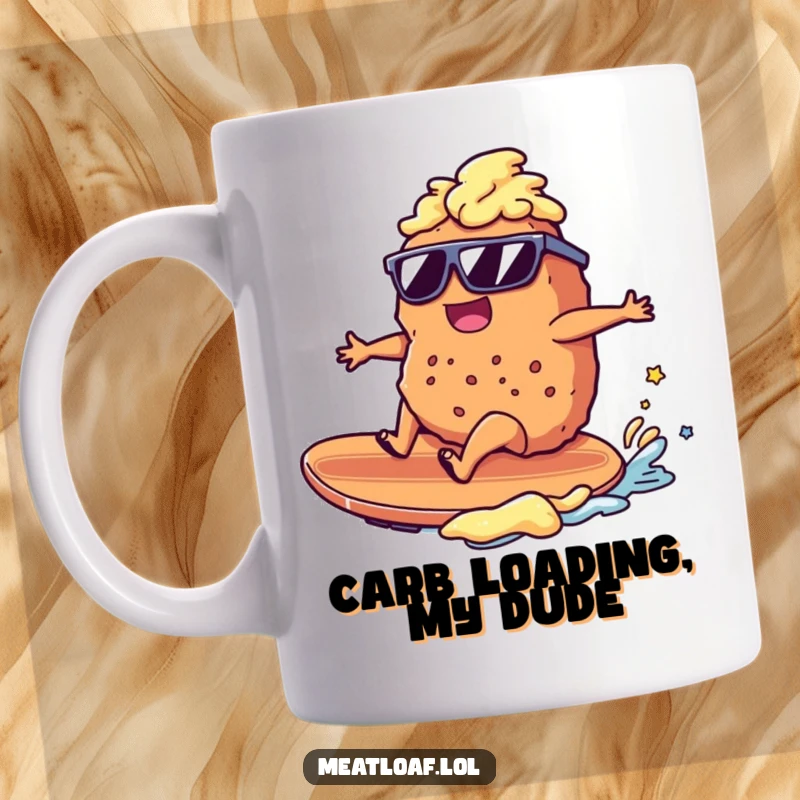 Funny meatloaf character in sunglasses riding a mashed potato surfboard on a wave, cool beach vibe, perfect funny gift.