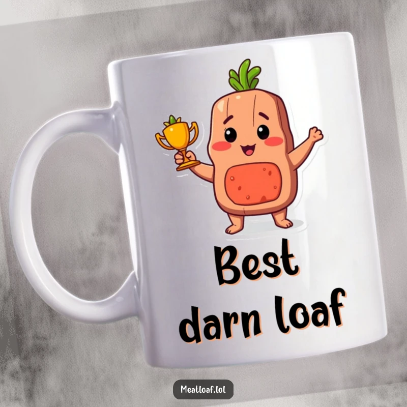 Funny proud meatloaf mug, a smiling meatloaf character holding a small carrot trophy, celebrating a culinary achievement.
