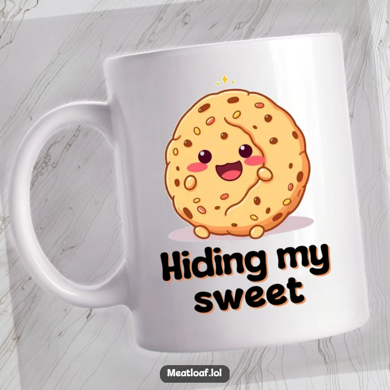 Funny shy meatloaf character hiding behind a giant, sparkling cookie, peeking out with endearing shyness. Great mug.