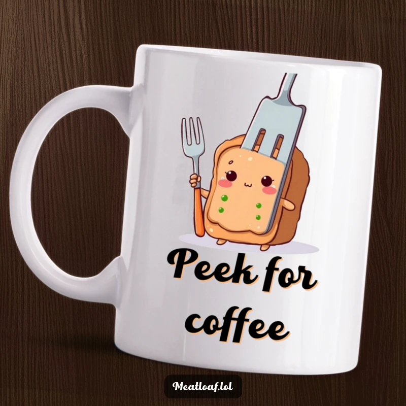 Funny shy meatloaf mug featuring a timid character peeking out from behind a giant fork, a humorous kitchen item.